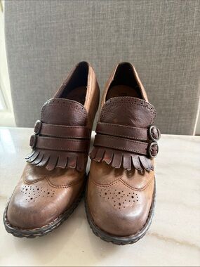 Born Two-Tone Brown Leather Kiltie Strap Heeled Boots